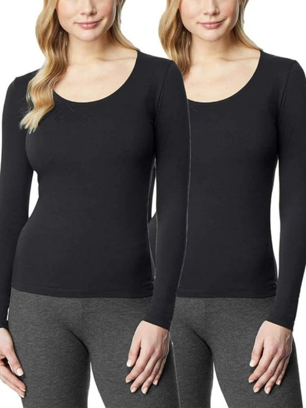 New 2-Pack! 32 DEGREES Heat W's LS Scoop Neck Tees, Black, Large